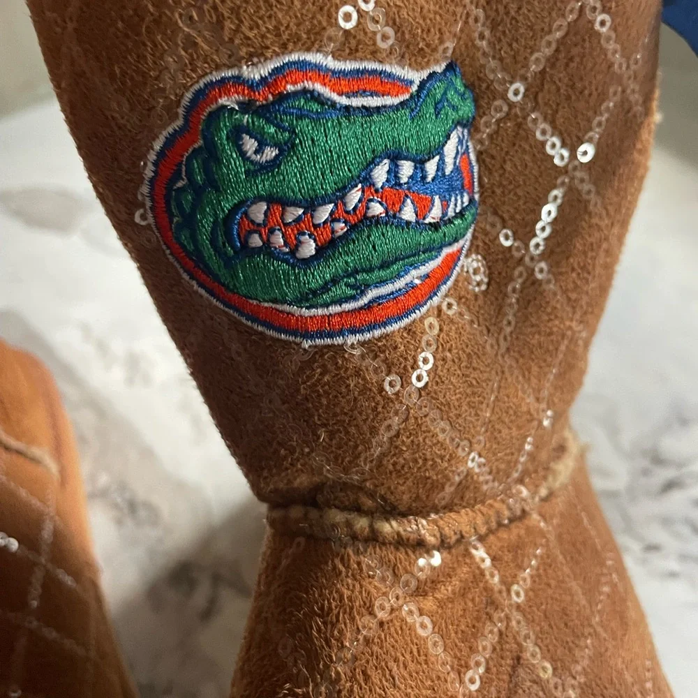 Florida Gator faux shearling boots with embroidered logo, sequins bow size 6